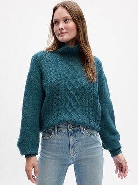 GAP Relaxed Forever Cozy Cable-Knit Sweater Tile Melange Mock Neck Pullover